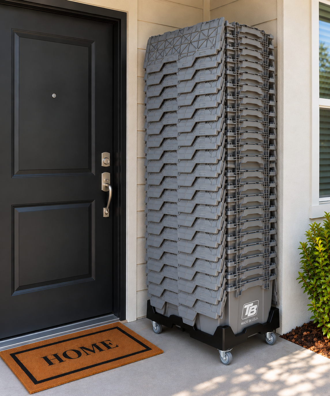 Tampa Bin Co bins stacked on dolly at front door of home