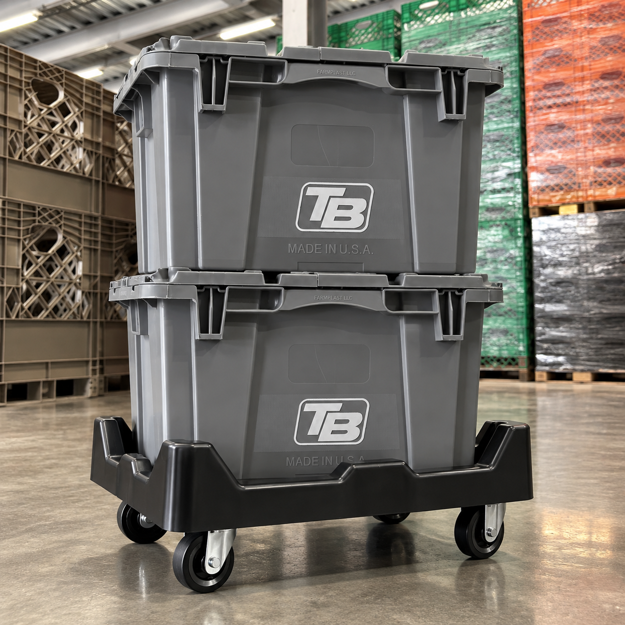 Two TB branded moving bins stacked on dolly in warehouse