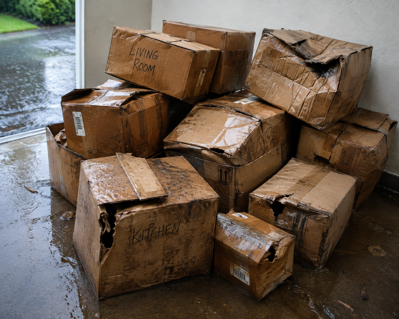 Wet damaged cardboard moving boxes collapsed and ruined